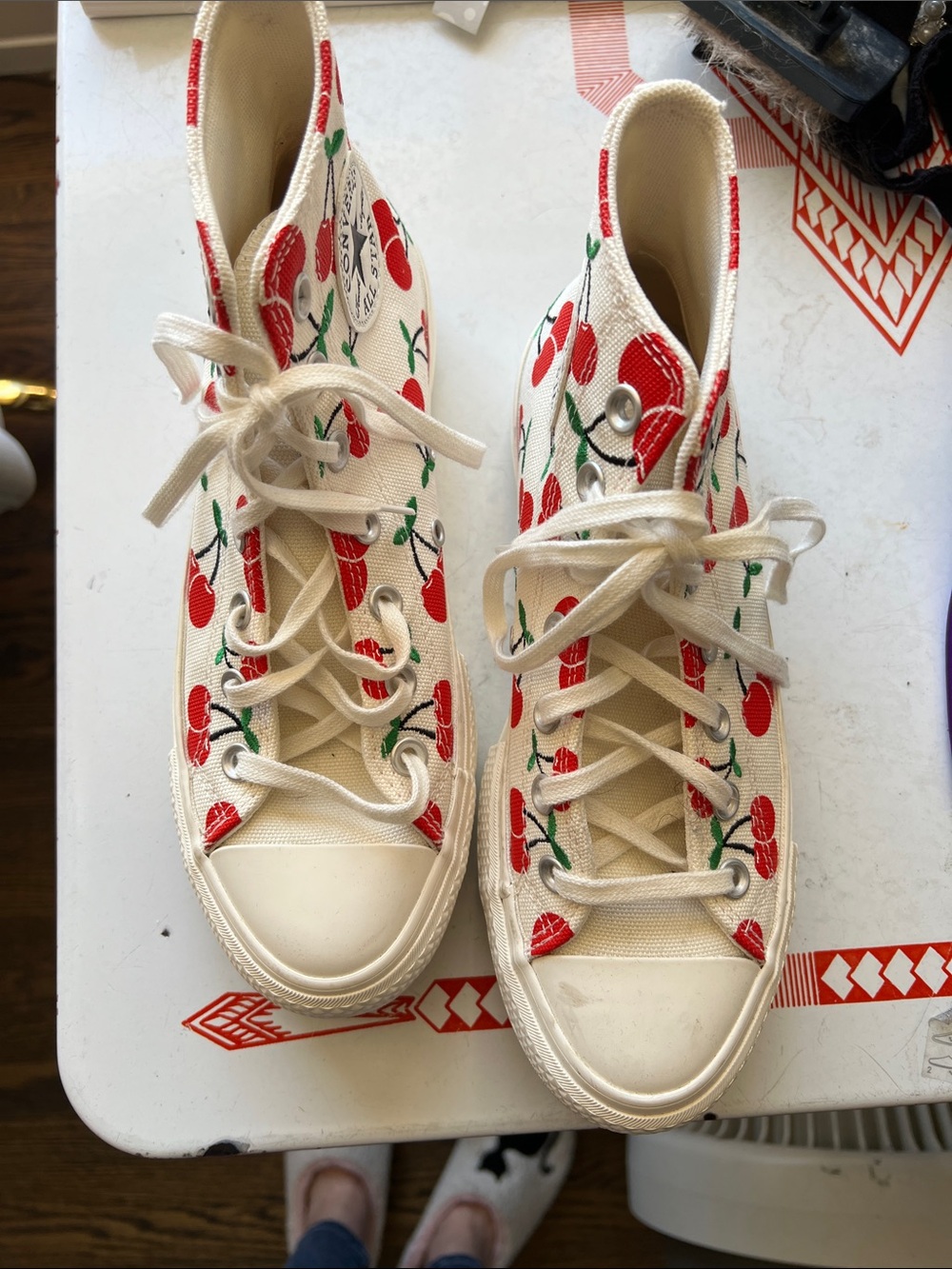 Converse High-Top Sneakers in Cream with Red Cherry Print